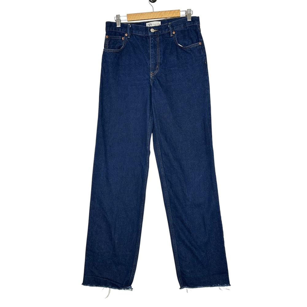 Zara Dark Wash Womens High Rise Wide Leg Jeans 8 Raw Hem Denim‎ Pockets Blue